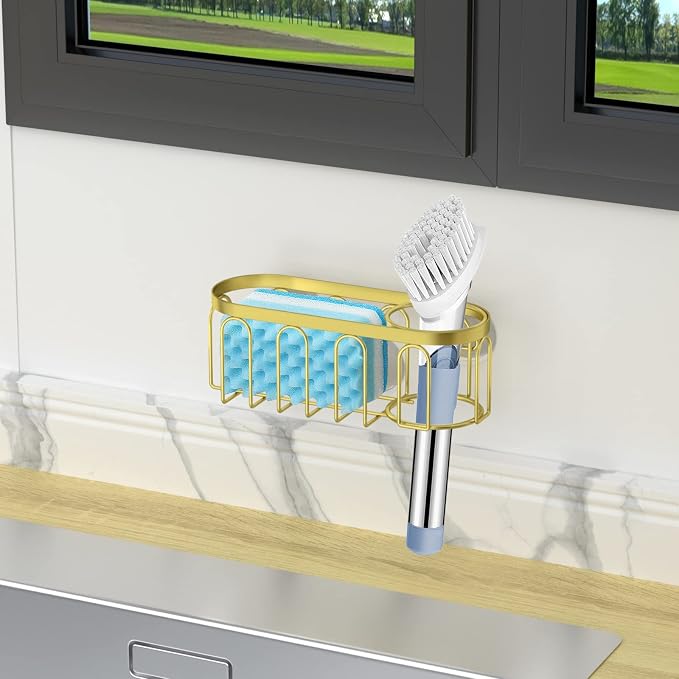 2-in-1 Sponge Holder for Kitchen Sink, Sink Caddy Kitchen Sink Organizer with 3 Suction Cups, No Drill Rustproof Sink Sponge Holder for Dish Brush, Soap & Sponge (Gold)