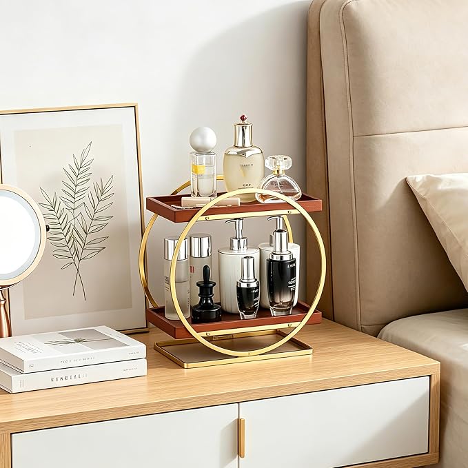 2-Tier Bathroom Counter Organizer, Wood Bathroom Organizer for Vanity Makeup Skincare Cologne Storage, Bamboo Perfume Organizer for Dresser, Countertop Shelf for Bathroom Kitchen, Gold & Brown