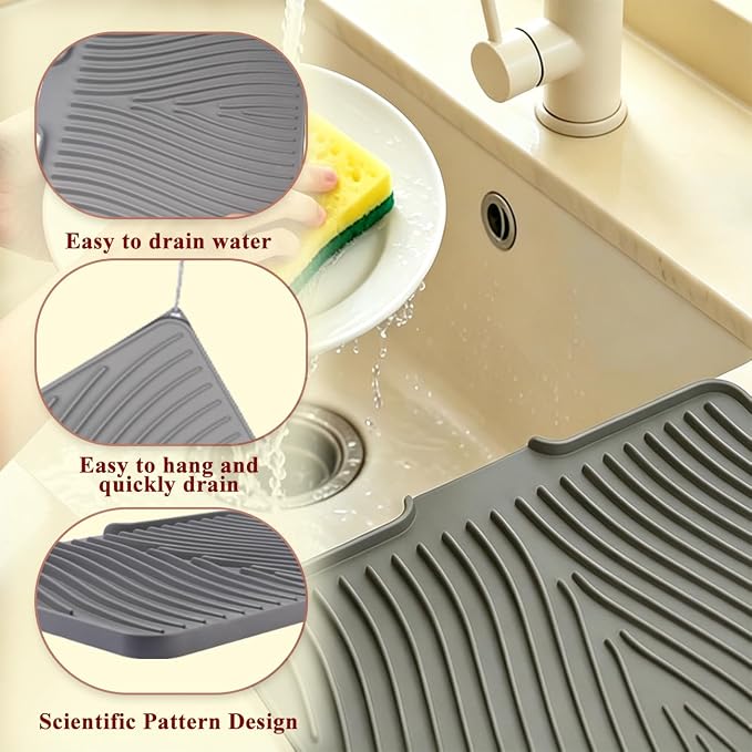 Silicone Dish Drying Mat for Kitchen Counter,16"X13" With Built-in Drain Lip,Food-Grade Silicone, Heat-Resistant Eco-friendly Hygienic Drying Mat Leak-Proof and Non-Slip, Multi-Functional Use（Gray）