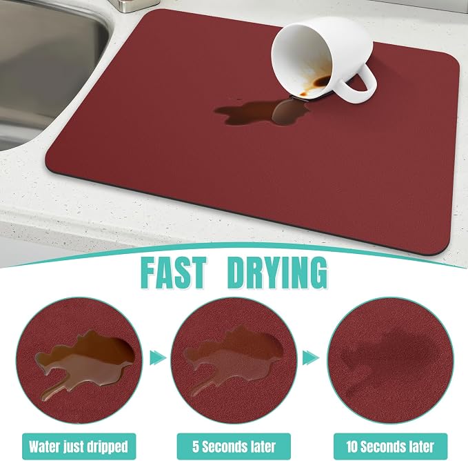 WISELIFE Coffee Mat Super Absorbent Dish Drying Mat Coffee Bar Accessories Match with Machine Large Drying Mats for Kitchen Counter 18" W x 32" L, Red