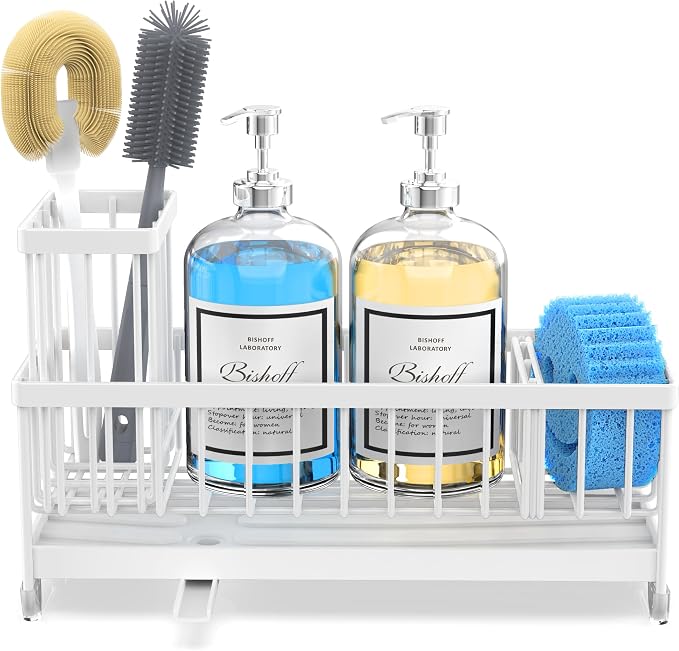Moforoco Extra Large Kitchen Sink Caddy, Rustproof Sponge Holder for Kitchen with High Brush Holder, Stainless Steel White Kitchen Caddy Countertop Organizer, Sponge Caddy for Kitchen
