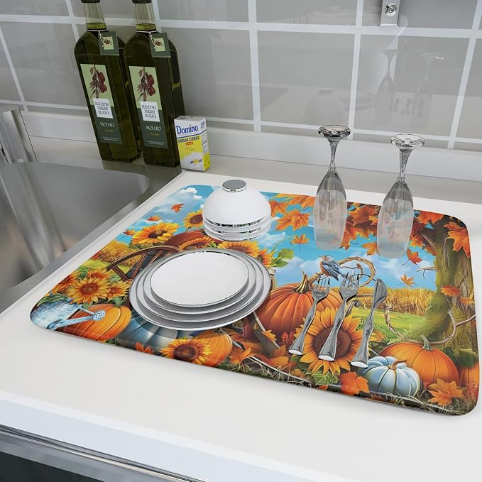 Fall Dish Drying Mat for Kitchen Counter Autumn Pumpkin Cute Bird Microfiber Absorbent Dish Draining Reusable Washable Foldable Extra Large 18"x24"
