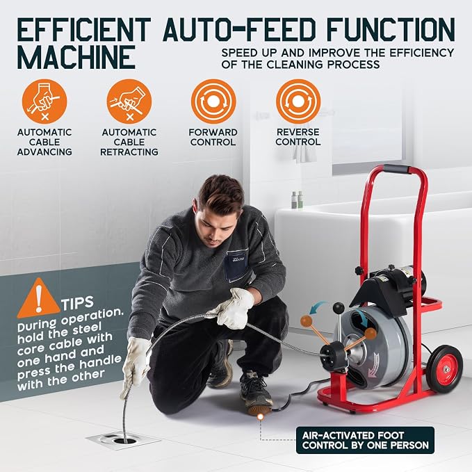 Albott 75 FT x 1/2 inch Electric Drain Cleaner Machine with Auto-Feed & 10 Cutters, Sewer Snake Auger for 1–4 Inch Pipes, Wheels & Foot Switch, Ideal for Home & Commercial Use, Gray/Red