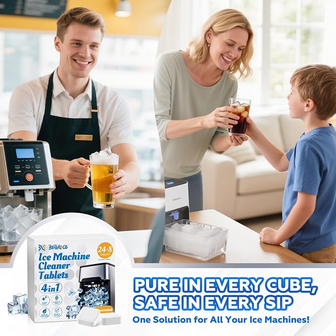 Bellaluce Ice Machine Cleaner Tablets Descaler (32 Pack) – Nickel-Safe Countertop Portable Commercial Ice Maker Cleaning – Remove Hard Water Buildup, Odor-Free, Crystal Clear Ice