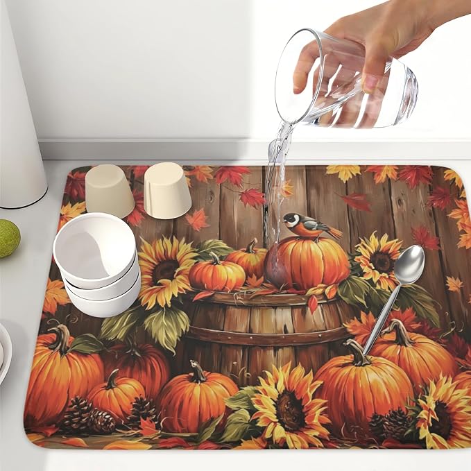 Fall Pumpkin Dish Drying Mat for Kitchen Counter Thanksgiving Autumn Harvest Pumpkin Microfiber Dish Drainer Mat Rustic Farmhouse Absorbent Washable Drying Pad 18"x24"