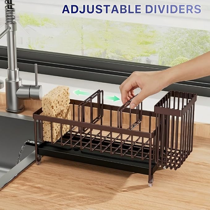 Cisily Brown Sponge Holder for Kitchen Sink, Sink Caddy Organizer with High Brush Holder, Kitchen Countertop Organizers and Storage Essentials, Rustproof 304 Stainless Steel, Soap Dispenser Organize