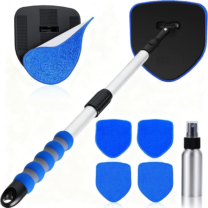 XINDELL Interior Windshield Cleaner Tool, Car Window Cleaning Kit with 5 Reusable Microfiber Pads, Extendable Handle & 360° Rotating Head, Safety Hammer, Streak-Free Auto Glass Wiper for Truck SUV RV