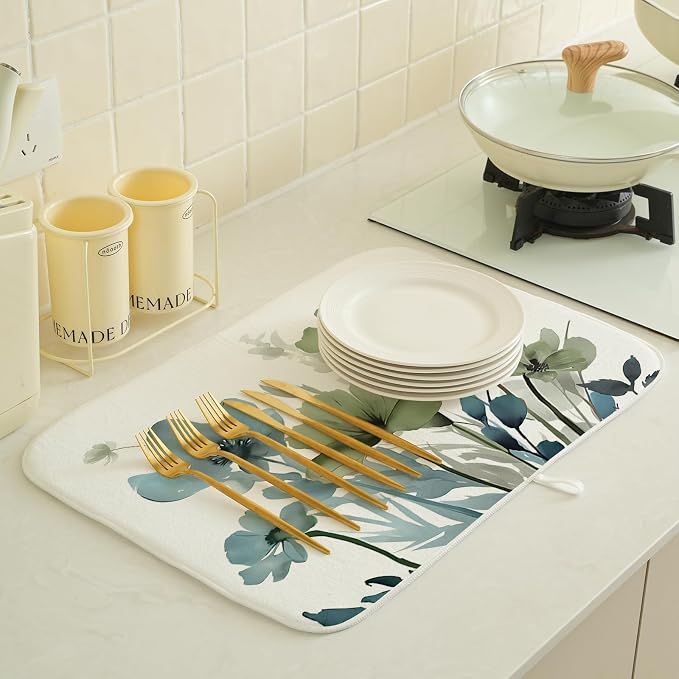 Blue Sage Green Dish Drying Mats 18x24 Inch Mats Vintage Floral Spring Drying Mats Summer Watercolor Flower Decor Seasonal Absorbent Drying Dish Mats for Kitchen Dining Room Counter Decorations