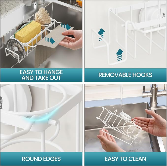 TAILI 4-in-1 Sponge Holder for Kitchen Sink with Strong Suction Cup Removable, Rustproof Stainless Steel Sink Caddy for Sponge, Brush, Scrubber, Scraper -White