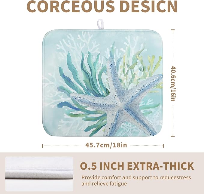 Summer Coastal Dish Drying Mat for Kitchen Counter Nautical Beach Starfish Coral Dish Drying Pad Ocean Teal Blue Dish Mat Absorbent Microfiber Dishes Drainer Mats 16"x18"