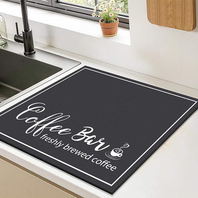 Findosom Dish Drying Mat, 16" x 18" Super Absorbent & Hide Stain Coffee Mat, Cuttable Drying Mat for Kitchen Counter, Coffee Bar Accessories, Under Dish Rack, Coffee Maker, Espresso Machine, Black