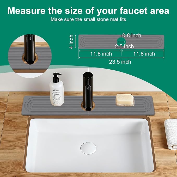 Stone Drying Mat for Kitchen Counter, 24"x16" Water Absorbing Dish Drying Mat with 24"x4" Faucet Mat for Kitchen Sink, Diatomaceous Earth Quick Dry Stone Mats for Dishes Bottles Cups (Dark Gray)