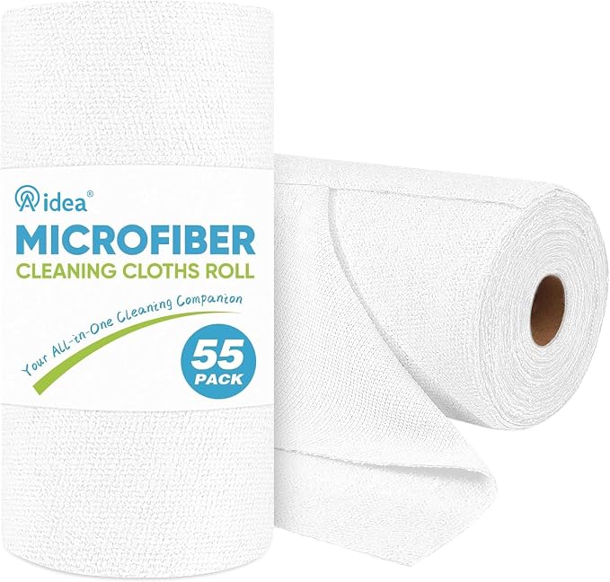 AIDEA White Microfiber Cleaning Cloth Roll-55 Sheets, Paper Towels 11×9" | Microfiber Towels for Cars, Reusable Paper Towels Cleaning Rags for Automotive, Workshop, House, Kitchen, Cleaning Supplies