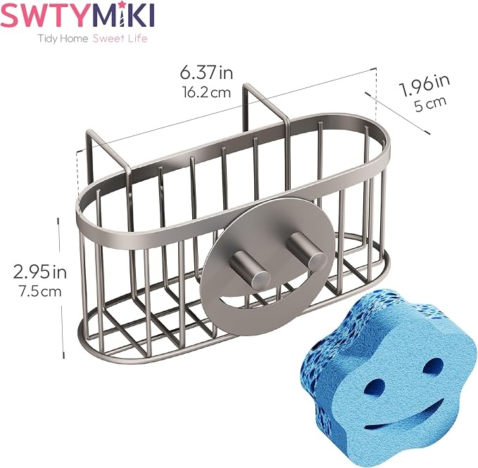 SWTYMIKI Sponge Holder for Kitchen Sink - Movable Sink Caddy with Smiley Face Sponge Holder, Rustproof Hanging Sponge Organizer in Double Bowl Sinks Depth>3.15in, Middle Divider<1.5in, Sand Nickel