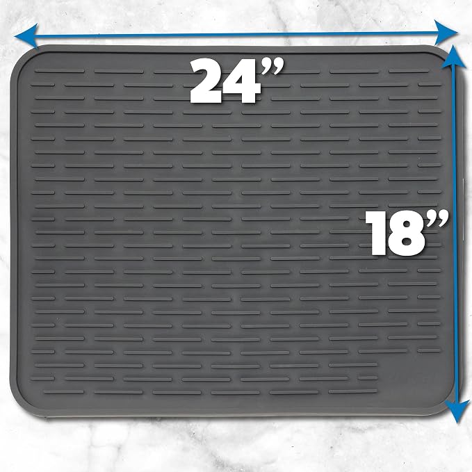 XXL Silicone Dish Drying Mat for Kitchen Counter or Under Sink, 24" x 18" Extra Large, Waterproof Pet Feeding Mat, Water Bowls, Under Drying Racks for Dishes, Coffee Bars, Bar Mats (Slate Grey)