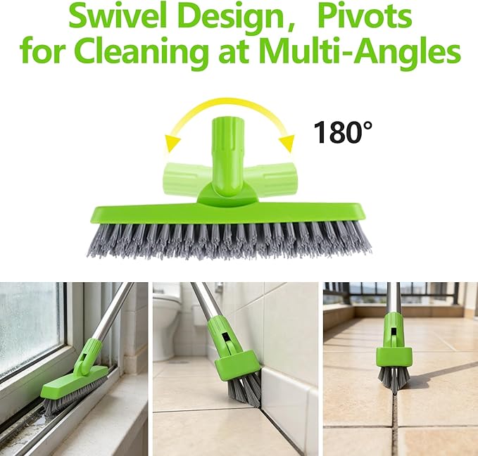 2 Pack Grout Brush with Long Handle, Swivel Cleaning Grout Line Scrubber - Durable Handle Grout Cleaner Brush for Bathroom,Tile,Baseboard,Walk in Shower,Corner & Narrow Space (Green)