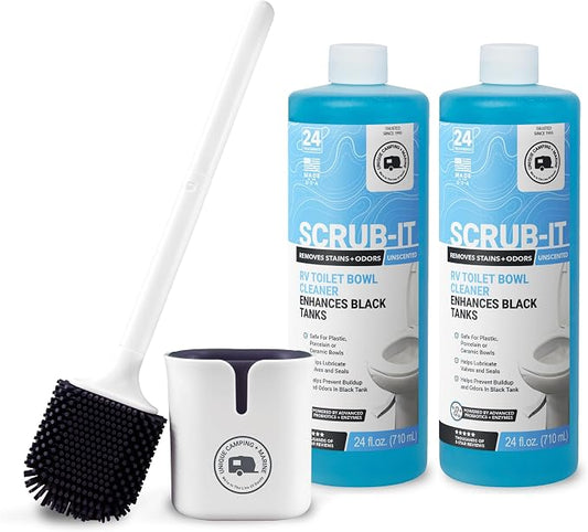 Unique Scrub-It Liquid RV Toilet Cleaner & Brush Bundle, 24 oz 2-Pack | Includes 2 liquid cleaners & silicone brush for stains, odors, debris, & routine RV toilet bowl care