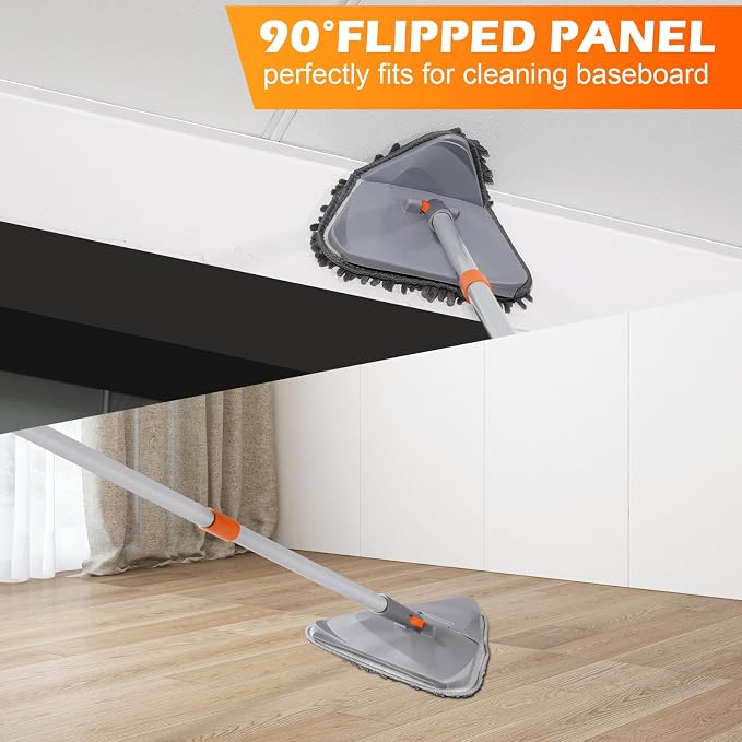 RONSUNG Wall Cleaner Mop, 82-Inch Handle, Baseboard Cleaner Tool, 4 Pads | Wall scrubber with long handle, triangle head, squeegee, and 4 pads for walls, ceilings, windows, baseboards, and floors