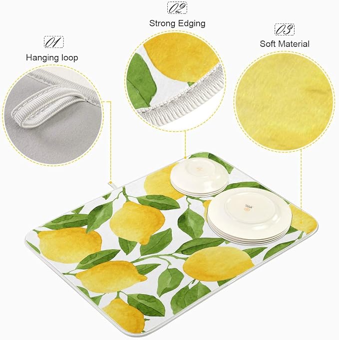 Lemon Yellow Tree Dish Drying Mat for Kitchen, Absorbent Microfiber Drying Pad Dish Mat, 24" X 18"