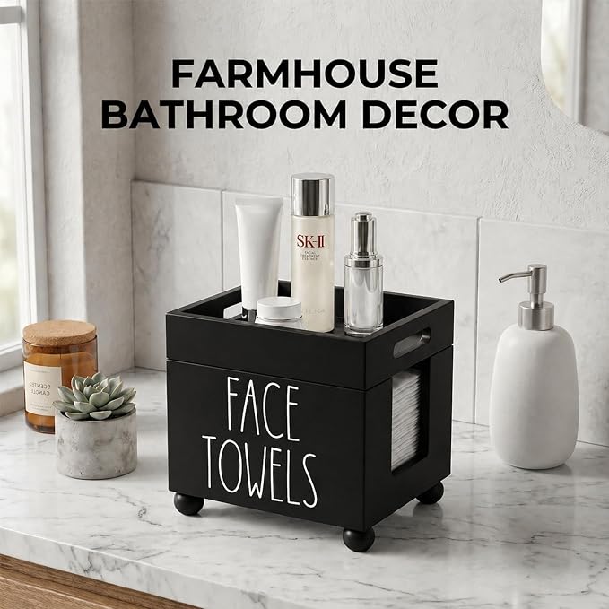 Disposable Face Towel Holder, Wooden Facial Towels Dispenser, Clean Towel XL Box for Bathroom Countertop, Open-Top Cleansing Wipes Organizer for Vanity, Rustic Skincare Storage (Black)