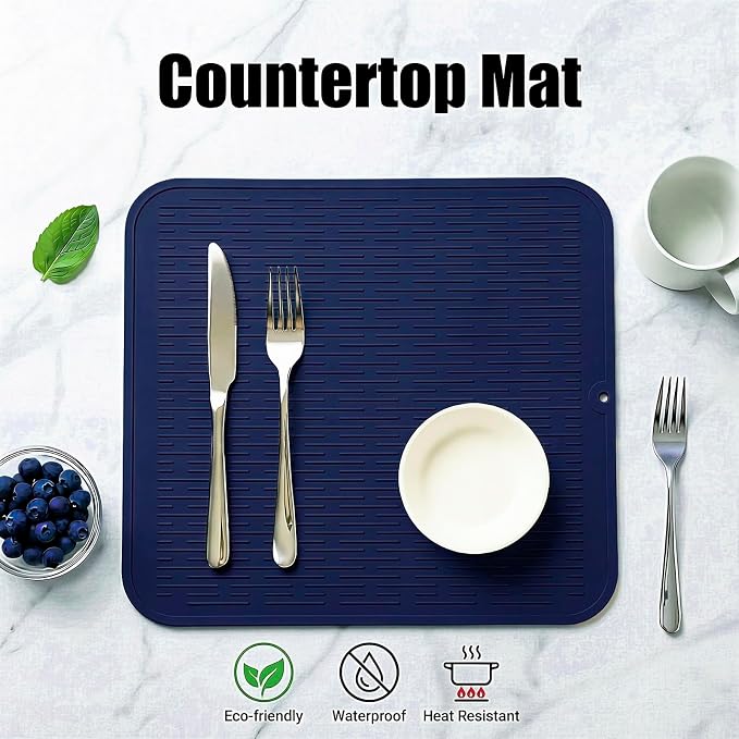 MicoYang Silicone Dish Drying Mat for Multiple Usage,Easy clean,Eco-friendly,Heat-resistant Silicone Mat for Kitchen Counter or Sink,Refrigerator or Drawer Liner Navy Blue XL 18 inches x 16 inches