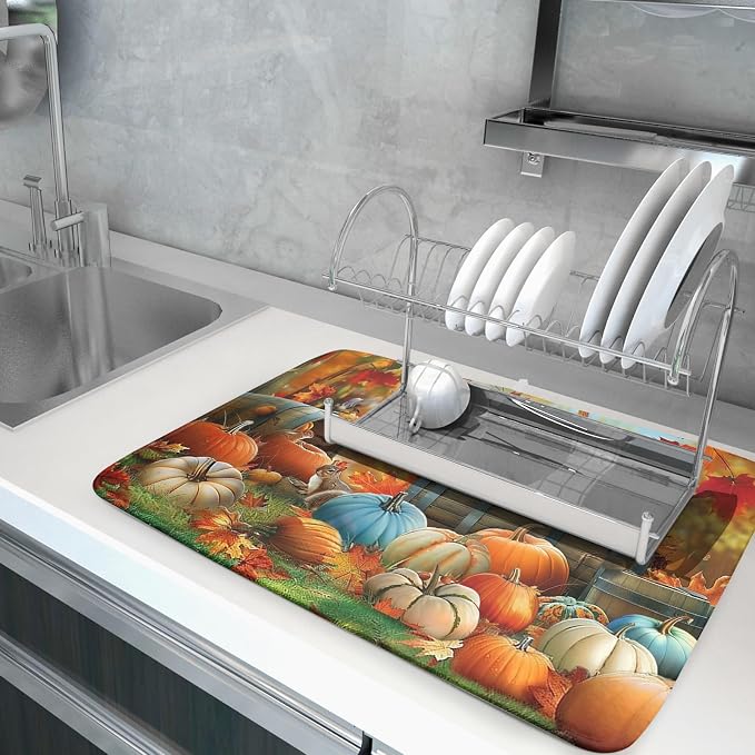 Fall Dish Drying Mat for Kitchen Counter Autumn Pumpkin Cute Squirrel Microfiber Absorbent Dish Draining Reusable Washable Foldable Extra Large 18"x24"