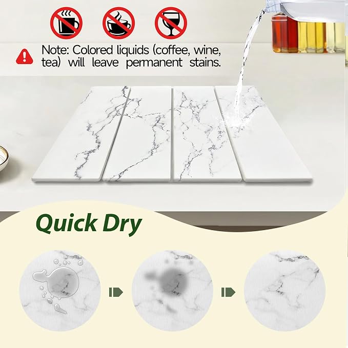 Large Stone Drying Mat for Kitchen Counter, 24"x16" Collapsible Quick Dry Dish Drying Mat, Water-Absorbent Marble Diatomaceous Earth Mats for Bottles Cups Dishes, Match Any Countertop