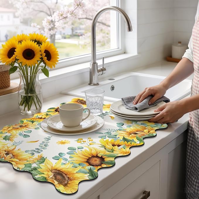 LOKHOM Scalloped Floral Dish Drying Mat, 18"x24" Super Absorbent Coffee Mat with Watercolor Yellow Sunflowers, Cuttable Hide Stain Non-slip Drying Mat for Kitchen Counter Coffee Maker Espresso Machine