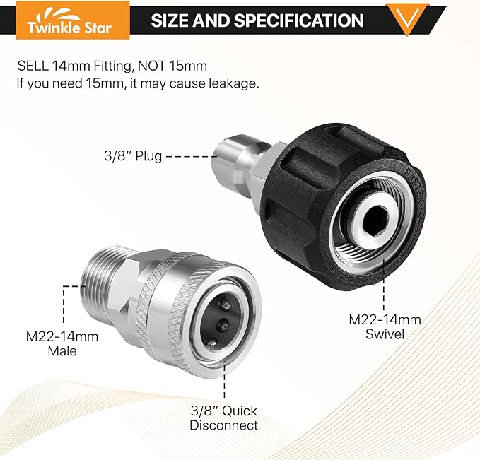Twinkle Star Pressure Washer Adapter Set, Stainless Steel, 8 Sets | Quick Disconnect Kit, M22 14mm Quick Connect Swivel to 3/8'' Quick Connect, 3/4'' to Quick Release