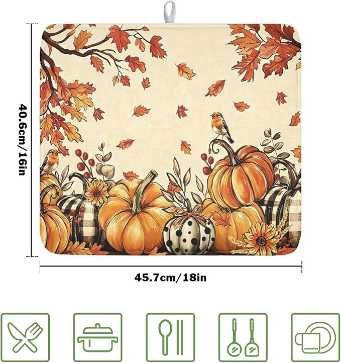 Fall Orange Pumpkin Dish Drying Mat for Kitchen Counter 16 x 18 Inch Autumn Maple Leaf Dish Drainer Mat Absorbent Microfiber Thanksgiving Harvest Dish Rack Pad for Coffee Dining Bar Decor
