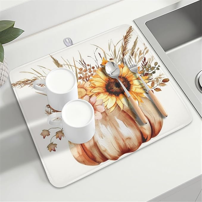 Fall Sunflower Dish Drying Mat for Kitchen Counter 16 x 18 Inch Autumn Orange Pumpkin Dish Drainer Mat Absorbent Microfiber Thanksgiving Harvest Dish Rack Pad for Coffee Dining Bar Decor