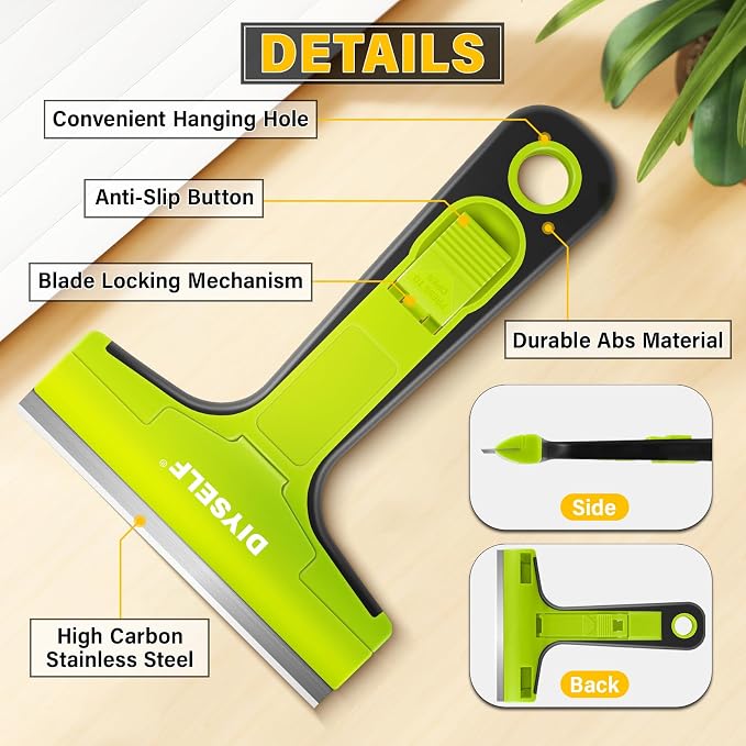 DIYSELF Razor Blade Scraper, 4 Inch Razor Blade Tool with 10 Blades | Razor Scraper Tool, Glass Scraper for Cleaning, Glass Stove Top Scraper, Window Scraper, Paint, Cooktop, Oven Scraper, Green