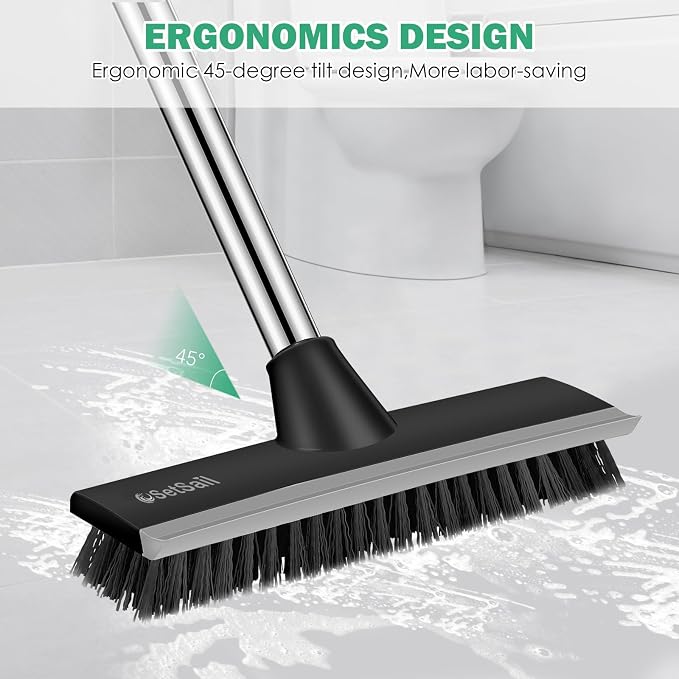SetSail Floor Scrub Brush, 51-Inch Adjustable Long Handle Brush, Black Grey | 2 in 1 Scrape Brush Stiff Bristle Floor Scrubber for Cleaning Shower Bathroom Garage Kitchen Wall Deck Tub Tile