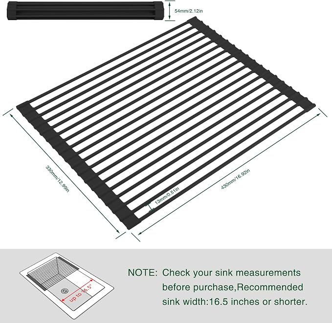 HANZENMA Roll Up Dish Drying Rack Over The Sink Kitchen Roll Up Sink Drying Rack Multipurpose Foldable Sink Drying Mat, Heat-Resistant, Anti-Slip & Anti-Rust Dish Rack for Kitchen, 17" x 13", Black
