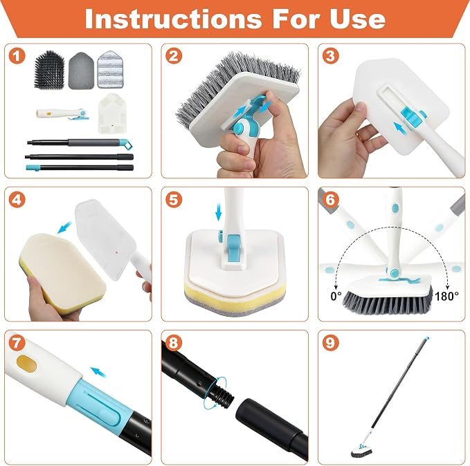 Long Handled Scrub Brush for Shower,3-in-1 Cleaning Brushes with 3 Different Function Cleaning Heads Brush for Shower Cleaning Bathroom Kitchen Walls Tub Tile (White)
