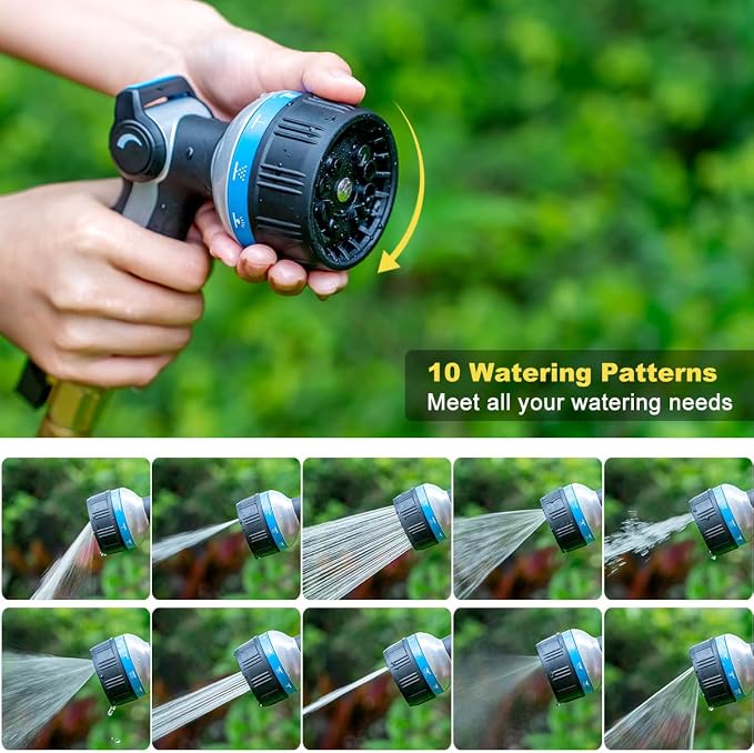 FANHAO Metal Thumb Control Water Hose Nozzle Heavy Duty, 10 Spray Patterns | Rustproof Leak Proof, Comfortable Non-Slip Handle, High Pressure Garden Nozzle for Watering Plants, Car & Pet Washing, Blue