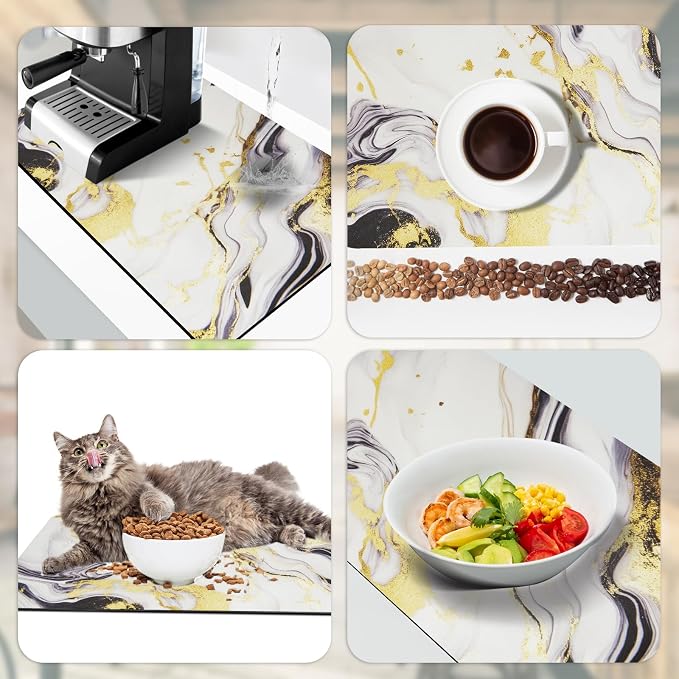 Sofort Dish Drying Mat for Kitchen Counter, Gold Black Marble Dish Drying Pad with Non-slip Rubber Backed, Super Absorbent Drying Mats for Dish Rack, Coffee Maker 16 x 24 Inches