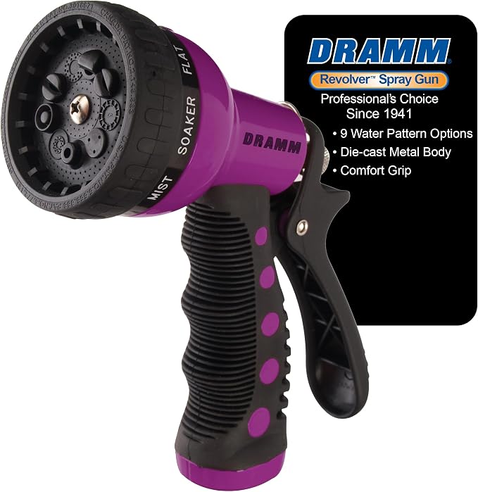 Dramm Revolver Heavy Duty Metal Garden Hose Nozzle – 9 Spray Patterns, High Pressure Jet, Thumb-Control Flow, Ergonomic Grip – Berry
