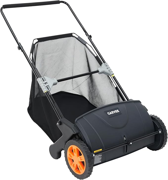 21-Inch Push Lawn Sweeper, 3.5 Cu. Ft. Hopper Leaf & Grass Collector, 4 Spinning Brushes, Adjustable Brush Height, Manual Yard Sweeper for Grass Clippings, Leaves & Light Debris, Black & Orange | 4 Spinning Brushes, Adjustable Brush Height, Manual Yard...