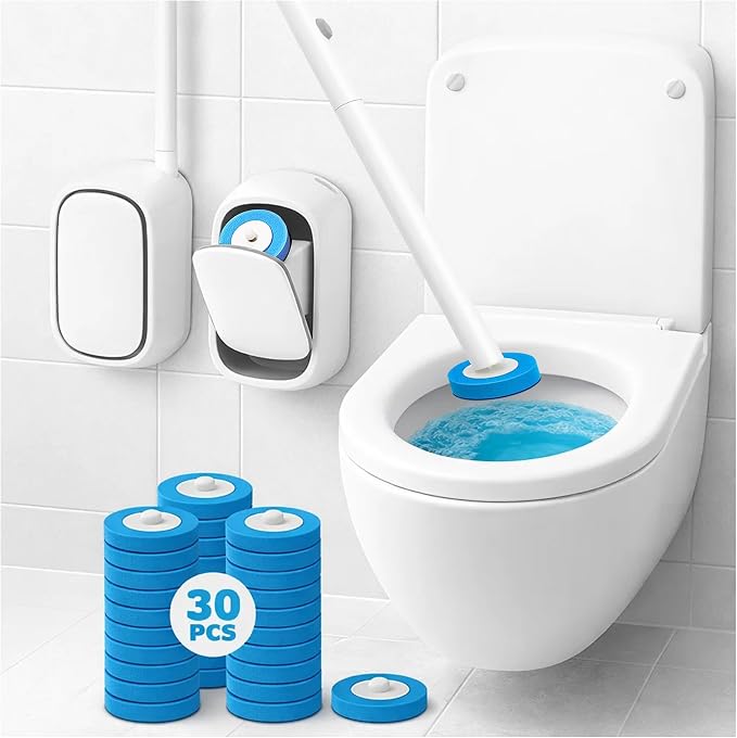 CiLoN 30 Pack Auto-Open Lid Disposable Toilet Bowl Brush & Holder System | Wall-Mounted Disposable Toilet Cleaning Set For Touch-Free Space-Saving Hygienic Modern Bathrooms (Starter Kit + 30 Sponge)