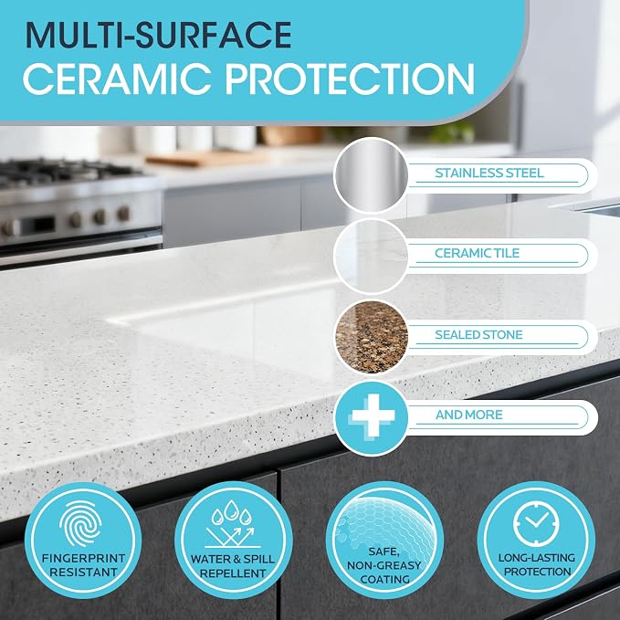 Ceramic Coating Spray Kit for Home: Long-Lasting Stain and Water-Spot Repellent for Kitchen Bath Surfaces - Repel Fingerprints Bathroom Cleaner Safe for Stainless Steel Glass Tile (500ml)