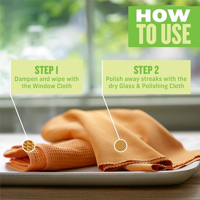 E-Cloth Microfiber Window Cleaning Cloth Kit - Glass Cleaning Cloth for Windows,Mirrors,Cars,Lenses,Eyeglasses,& More,Streak Free Clean,Machine Washable Reusable Towel - Tangerine Orange,(Pack of 2)