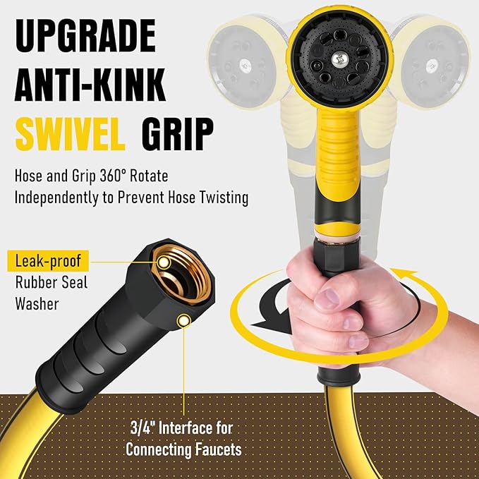 Garden Hose 100 ft x 5/8" with Nozzle, Water Hose Heavy Duty Flexible, Lightweight Kink-less Hybrid Hose with Swivel Handle, Male to Female Fittings