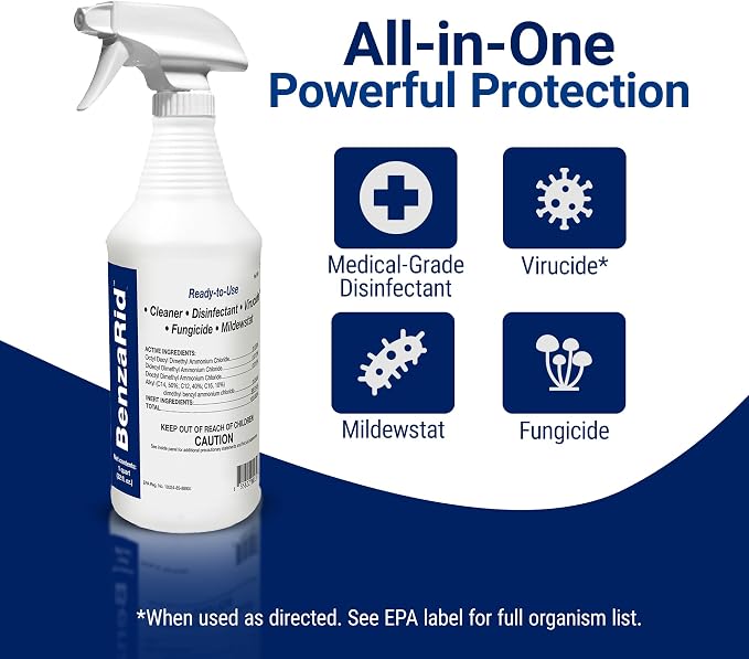 BenzaRid Hospital Disinfectant Sanitizer & Virucide | Kills 99.99% of COVID-19, Avian Flu H1N1,H1N2, H5N1, SARS, Bloodborne Pathogens, Staph, Bacteria & Mold | EPA Reg. | Child & Pet Safe 1 Gal