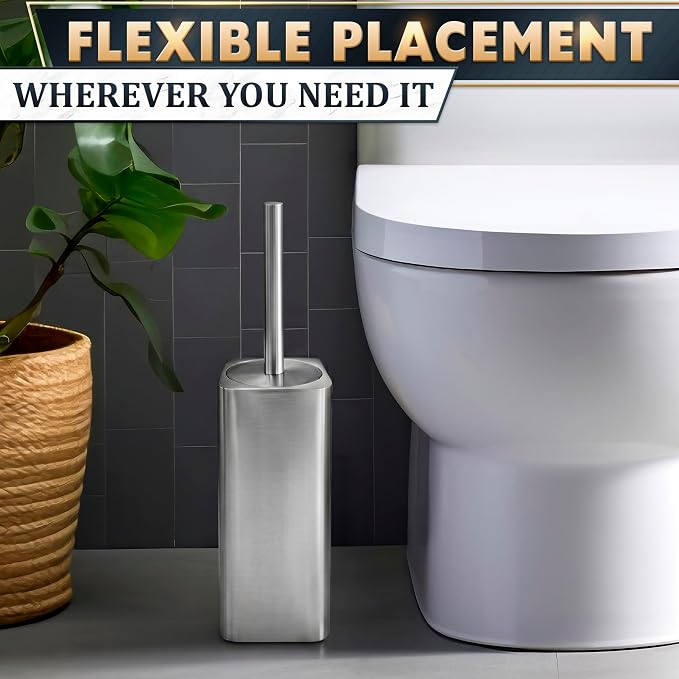Silver Toilet Brush and Holder Set - Upgrade Your Bathroom in Seconds - Stainless Steel Toilet Bowl Brush and Holder with 2 Rounded Corners, Replaceable Head, Removable Inner Bowl & Splash Guard Cover