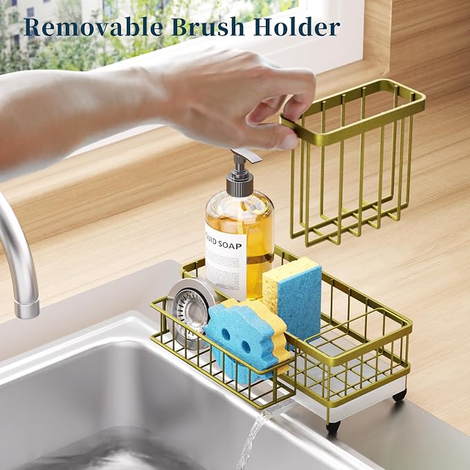 Consumest Sponge Holder for Kitchen Sink - Auto Draining Sink Caddy Organizer with Detachable Rack, High Brush Holder, Kitchen Countertop Storage Accessories, Light Gold