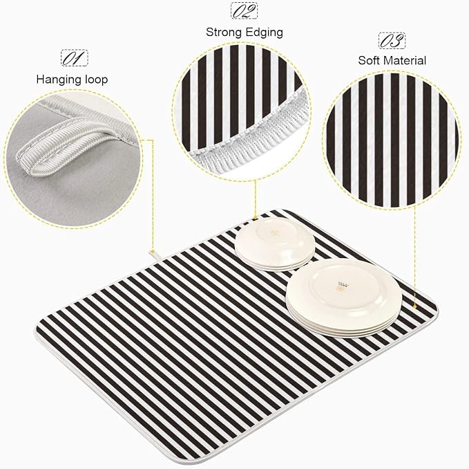 Black White Stripes Dish Drying Mat for Kitchen, Absorbent Microfiber Drying Pad Dish Mat, 16" X 18"