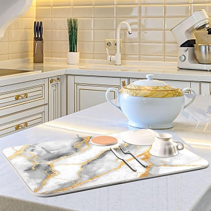 White Marble Dish Drying Mat for Kitchen Counter 16 x 18 Inch Gold Marbling Granite Absorbent Microfiber Dry Dishes Mats Drainer Mat Dish Drying Pad for Countertops