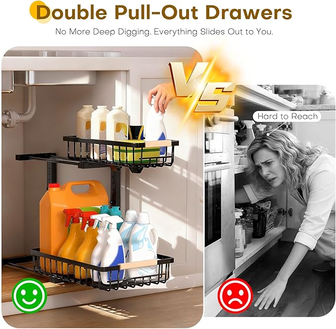 Under Sink Organizer, Heavy-Duty & Rust-Resistant Carbon Steel Metal, 2 Tier Pull Out Under Bathroom Sink Storage, Adjustable Height (13.8" -16.9"), Organizer for Kitchen Cabinet(2PCS,Black)