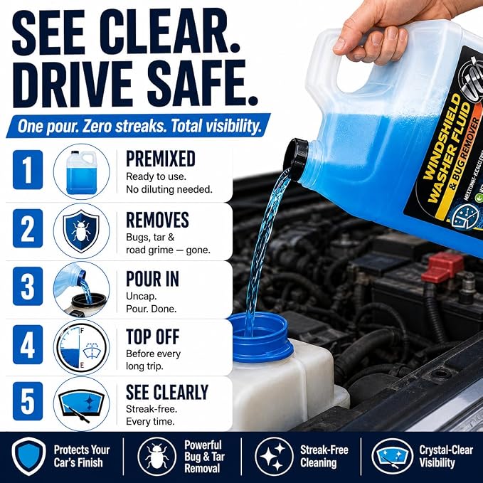 UCS Windshield Washer Fluid 2-in-1 Bug Remover – Ready to Use Formula – Streak-Free Cleaning – Removes Dirt & Road Grime – 1 Gallon (128 fl oz) Methanol-Free